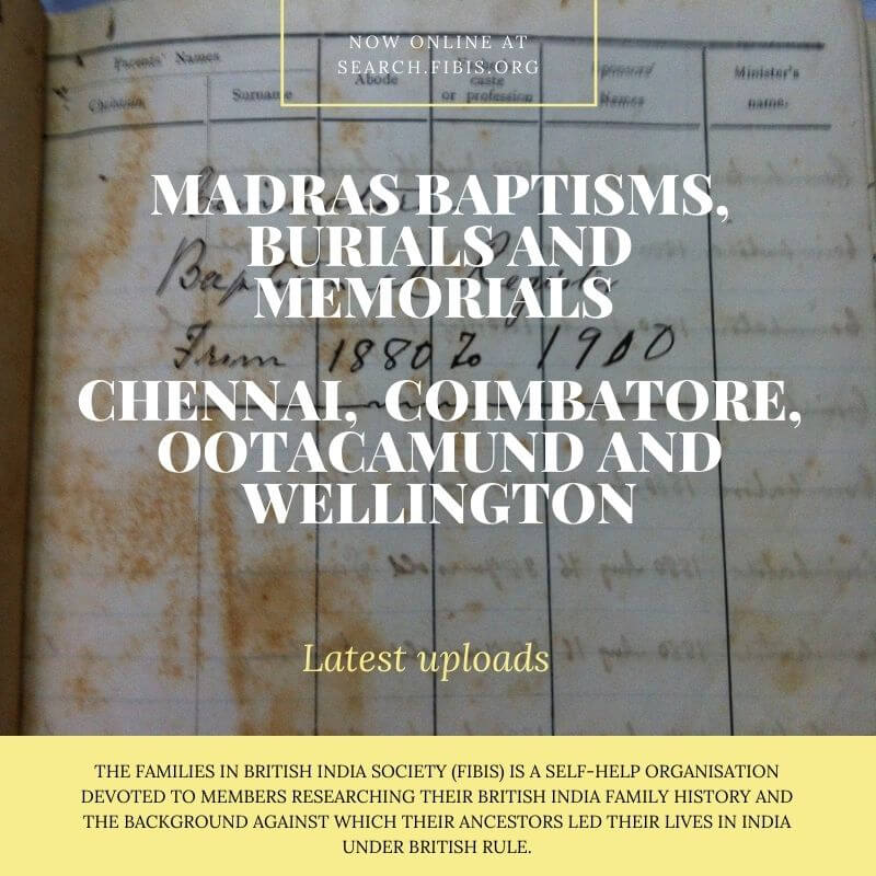 Coimbatore, Chennai and Wellinton baptisms, burials and memorials